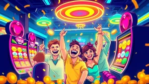 Menangkan peluang besar di petanitoto dengan slot berwarna-warni dan pemain yang bersorak.