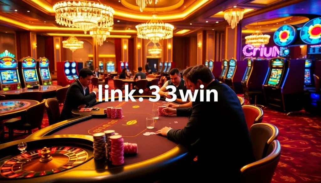 Experience the thrill of casino gaming with link 33win as the focal point in a luxurious poker environment.