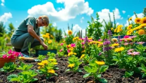 Gardening enthusiast planting seedlings in a colorful garden filled with vibrant flowers and greenery.