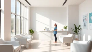 Welcoming klinik gigi near me with a bright modern lobby and friendly staff.