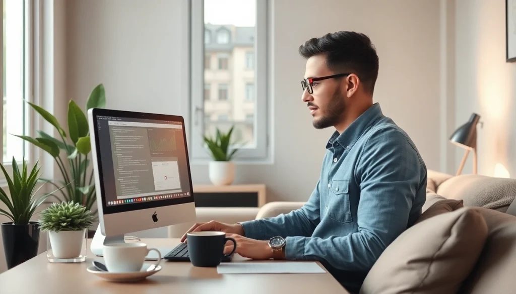 Trabajando en freelance jobs online desde casa, un profesional concentrado en su computadora.