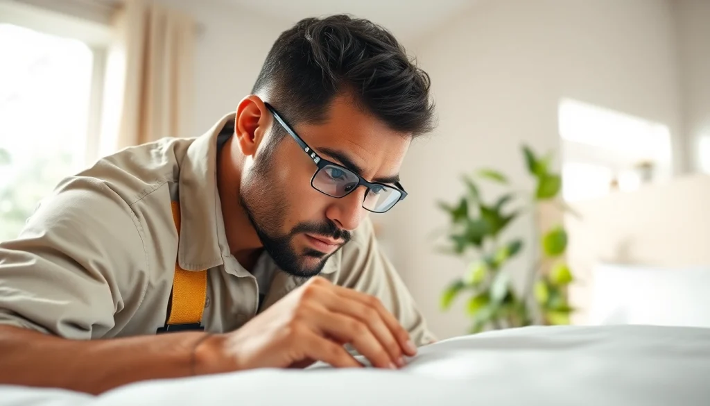 Inspecting bed bugs with Affordable Bed Bug Exterminators expert in a clean bedroom.