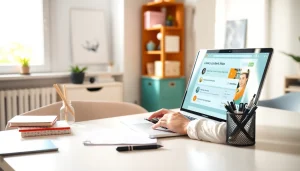 Content creator using payment links for content creators on a laptop in a cozy office.