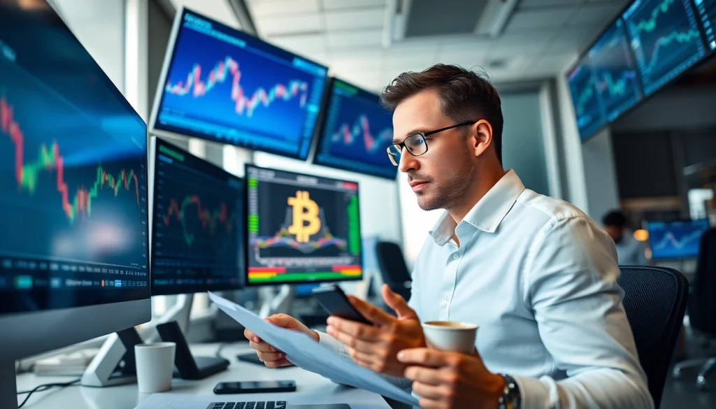 Acheter bitcoin : Trader analysant des graphiques Bitcoin dans un bureau moderne.