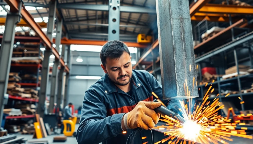 Experience structural steel fabrication with a skilled welder working on a large beam in a vibrant workshop.
