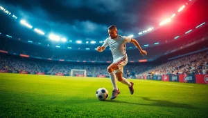 บอล-วัน-นี้ สนามแข่งขันฟุตบอลที่มีนักกีฬาสวมชุดที่ชัดเจนกำลังใช้ทักษะในการเล่น