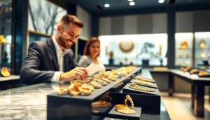 Hier klicken Goldankauf service with a jeweler showcasing gold jewelry to a customer.