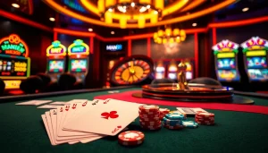 Man88 casino scene featuring lively roulette, poker gameplay, and vibrant slot machines.