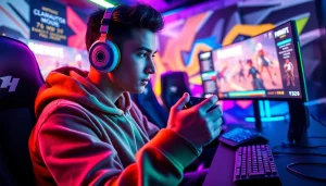 Esports player engaged in an intense 1 ball fortnite match with vibrant screens and gaming setup