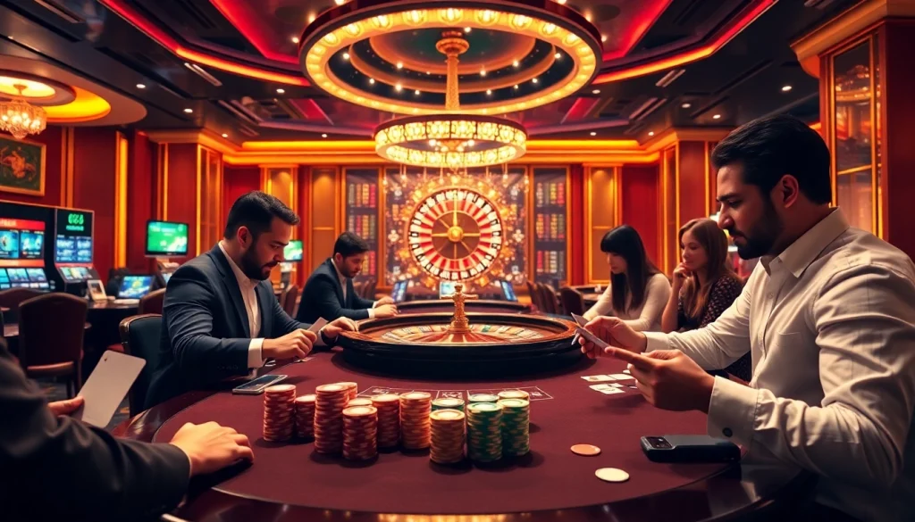 Players strategizing at a high-stakes game table for 68 game bài in a luxurious casino.
