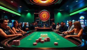 Experience the thrill of betting at i9bet, featuring an upscale casino ambiance filled with vibrant tables and excited players.