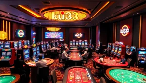 Cảnh casino trực tiếp sống động tại https://ku3933win.com/, thể hiện các bàn chơi hấp dẫn, nhân viên chia bài chuyên nghiệp và các máy đánh bạc đầy màu sắc.