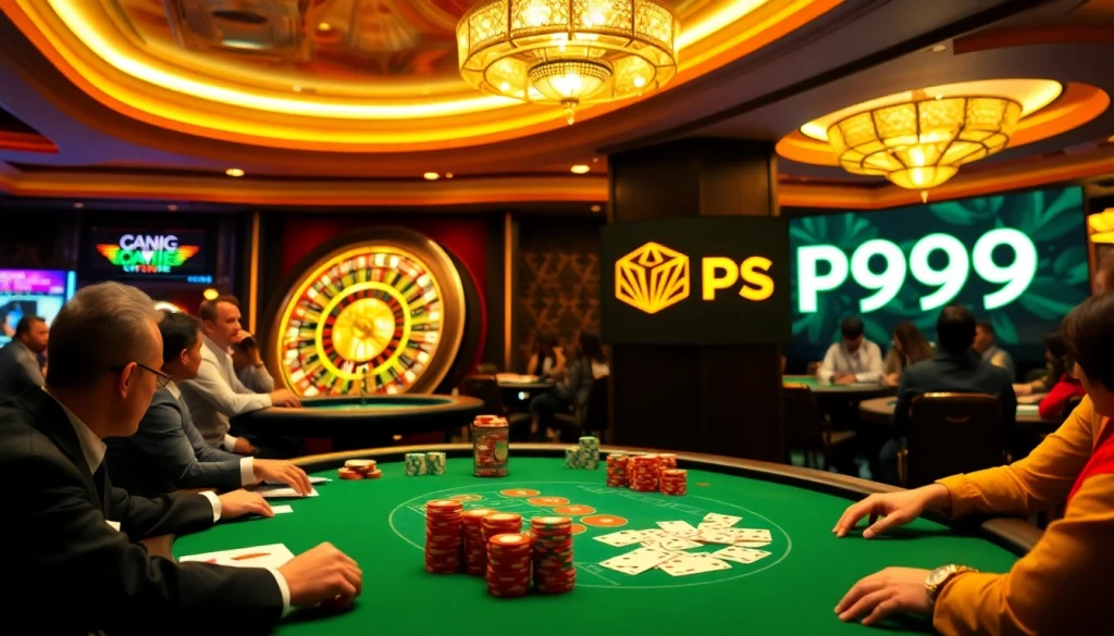 Join the excitement at PS99 with thrilling poker games and vibrant casino interior.