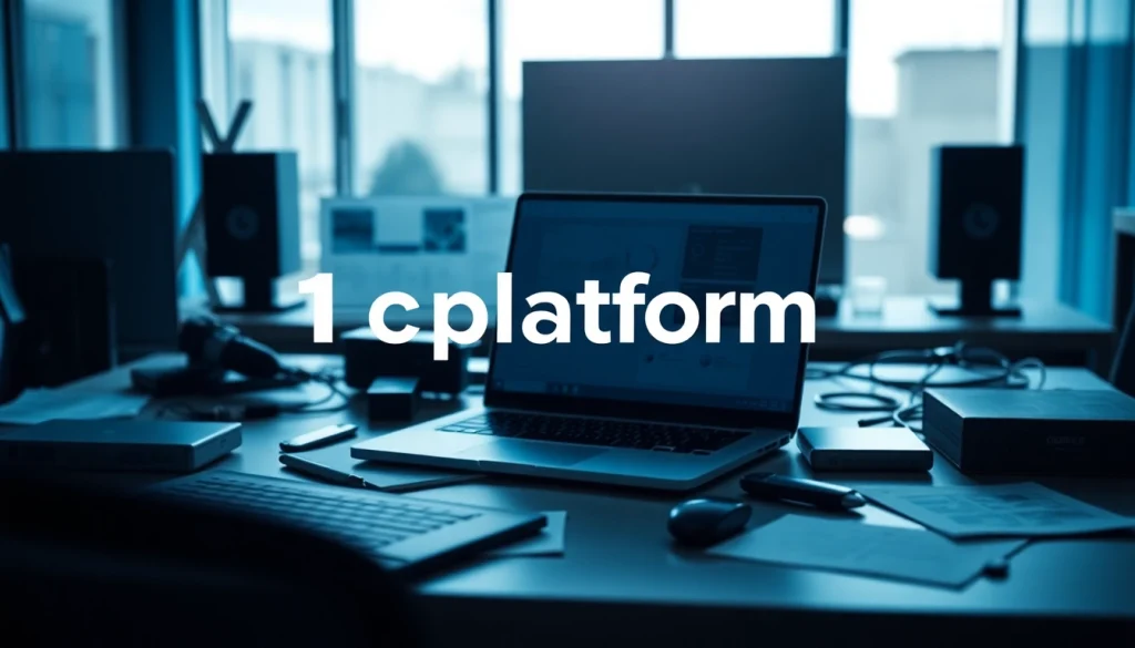 Engaging workspace showcasing 1cplatform with a modern laptop and vibrant tech ambiance.