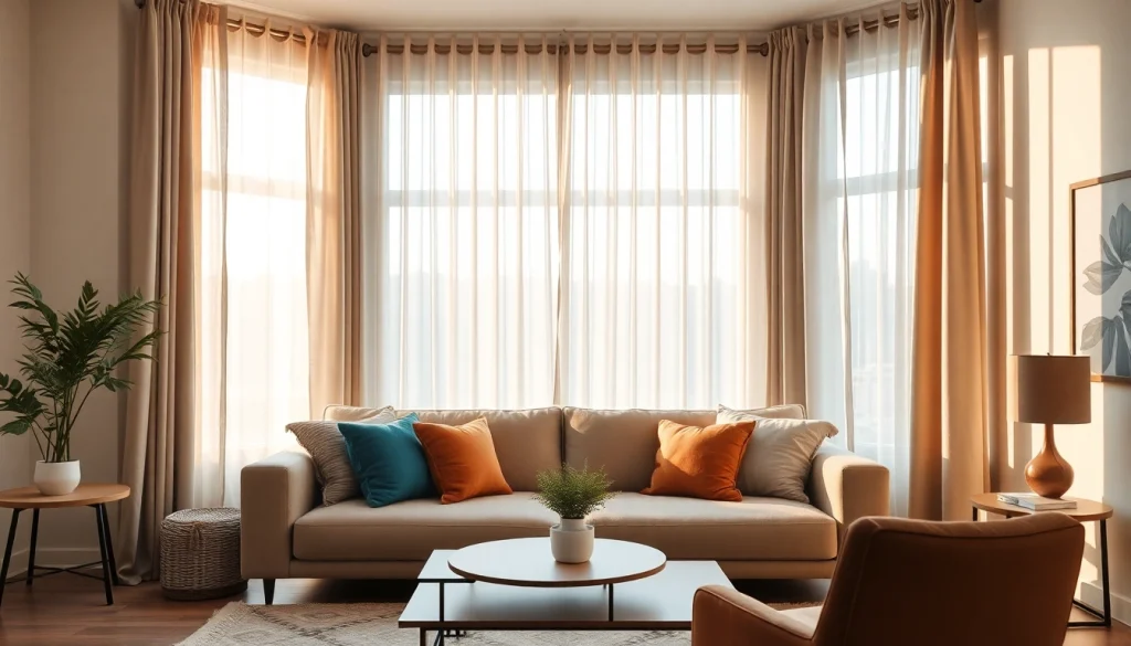 Verduisterende gordijnen creëren een gezellige sfeer in een stijlvolle woonkamer.