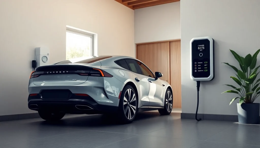 EV charger installation estimate showcased in a modern residential garage with a sleek electric vehicle charging.