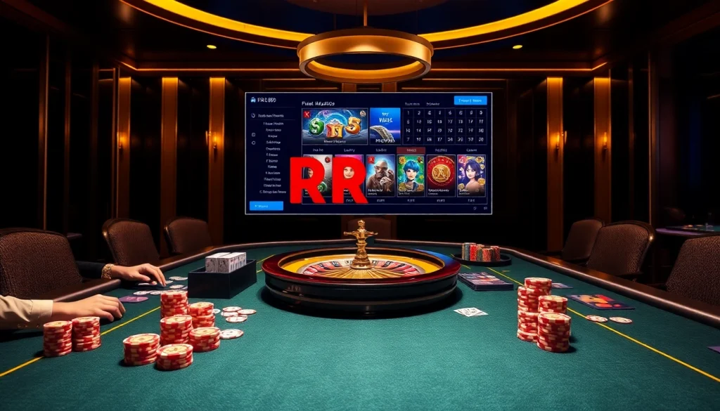 Experience thrilling casino action at RR88 with vibrant gaming tables and colorful poker chips.