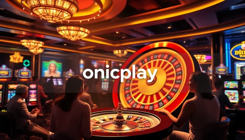 Gamblers enjoy a thrilling experience with onicplay at a luxurious casino environment featuring roulette, slots, and poker chips.