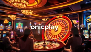 Gamblers enjoy a thrilling experience with onicplay at a luxurious casino environment featuring roulette, slots, and poker chips.