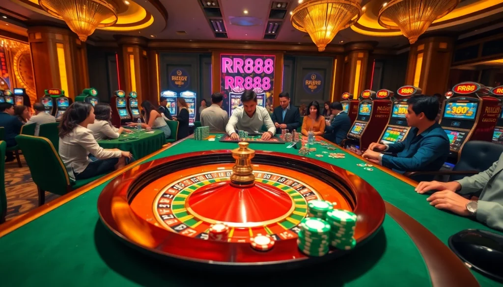 Experience the thrill of winning at RR88 with exciting poker chips and vibrant slot machines.