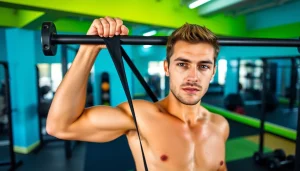 Engaged athlete using a pull-up assist band for an effective workout in a vibrant gym setting.