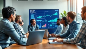 Engaged team discussing SME AI consulting services in a modern office setting, showcasing technology.