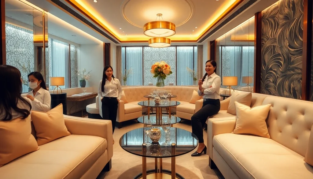 A luxurious shirt room in Suwon, showcasing gdmc.bio's elegant atmosphere with attractive staff in white shirts.