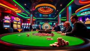 Adegan seru yang menampilkan para pemain di meja poker merayakan kemenangan Datuk Win dengan chip berwarna-warni dan koktail.