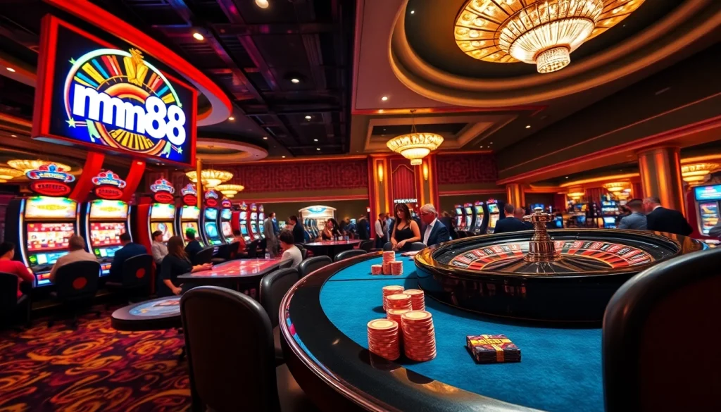 Players engaging in thrilling casino games at mm88 with vibrant atmosphere and exciting promotions.