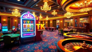 Players engaging with TK88 slot machine in a luxurious casino atmosphere.