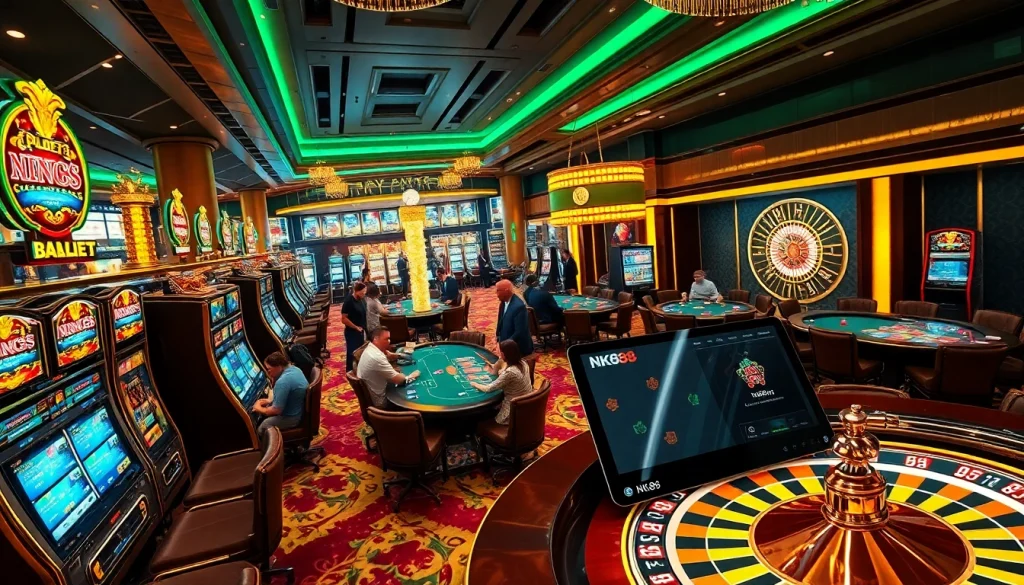 NK88 casino scene featuring players engaged in poker at a luxurious table with vibrant slot machines.