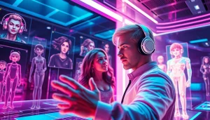 Engaging interaction with NSFW character AI showcasing customizable digital personalities in a futuristic setting.