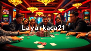 Engage with the excitement of playing at a luxurious casino, featuring layarkaca21-themed poker tables and vibrant gambling elements.