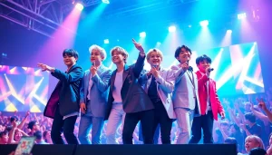 Exciting performance by bts members showcasing their talents and vibrant energy during a concert.