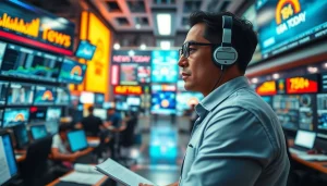 Covering breaking news with urgency, USA Today journalist amidst modern newsroom technology.