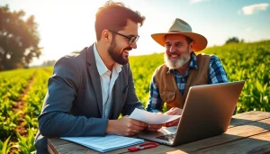 Engaging agricultural law consultation between a lawyer and farmer in a vibrant field.