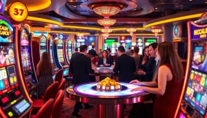 Rasakan kegembiraan Slot Deposit 1000 dengan visual kasino yang hidup dan pemain yang meraih kemenangan.