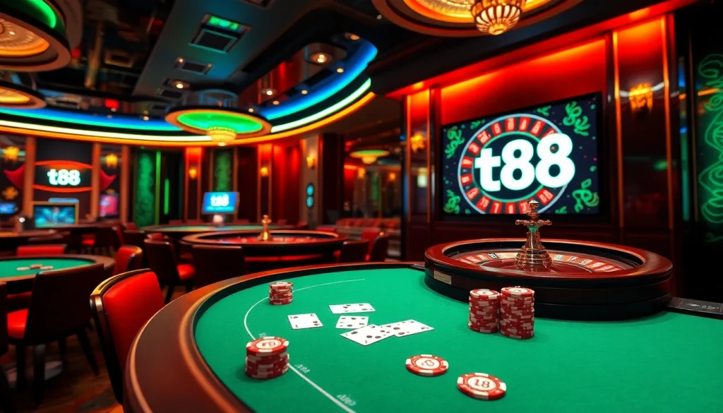Experience high-stakes action at tr88's vibrant casino tables with poker chips and gaming excitement.