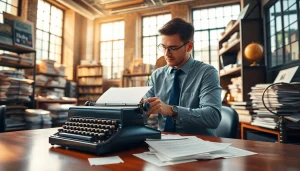 Writer crafting a story at https://www.thedailynewsonline.com in a vibrant newsroom.