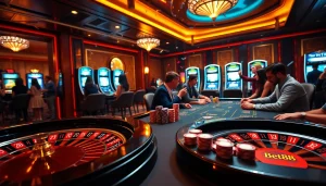 Players celebrating wins at a luxurious Bet88 casino poker table with vibrant poker chips and a roulette wheel.