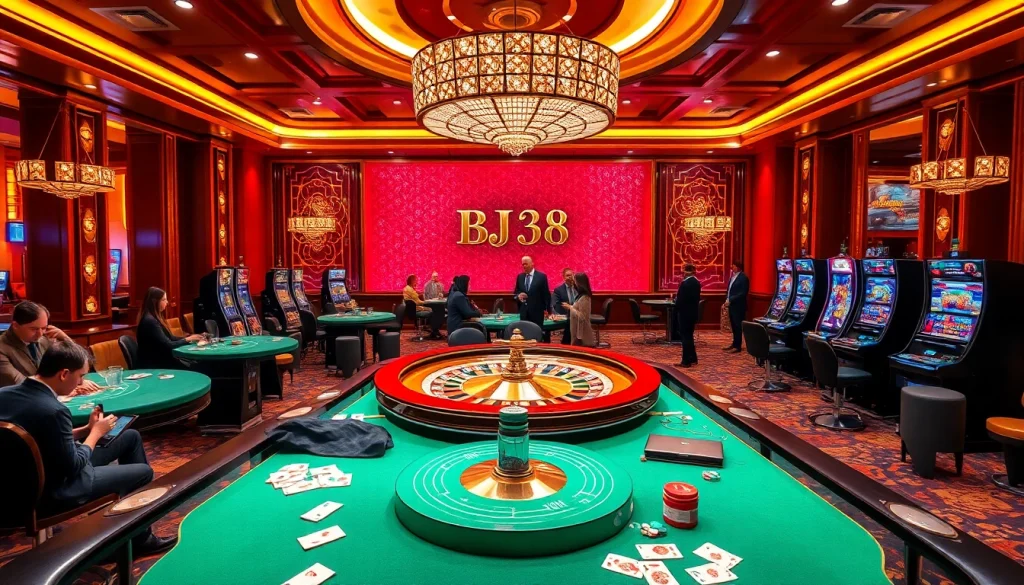 Exciting BJ38 gaming atmosphere with vibrant tables, colorful cards, and luxurious decor.