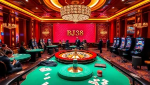 Exciting BJ38 gaming atmosphere with vibrant tables, colorful cards, and luxurious decor.