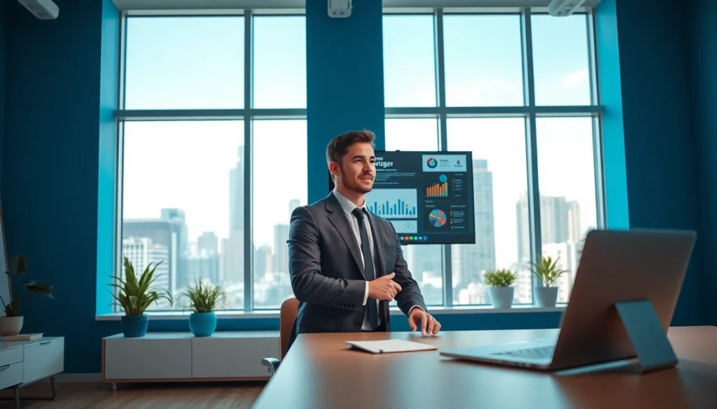 Marketing Consultant engaged in a video call, bright office with charts and cityscape.