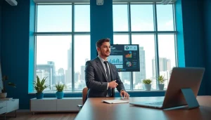 Marketing Consultant engaged in a video call, bright office with charts and cityscape.