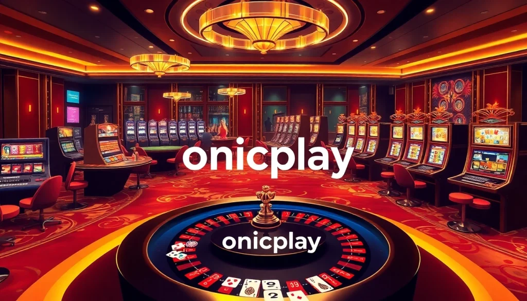 Experience thrilling gambling with onicplay's vibrant casino ambiance featuring roulette and slot machines.