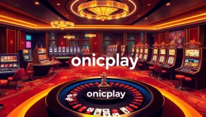 Experience thrilling gambling with onicplay's vibrant casino ambiance featuring roulette and slot machines.