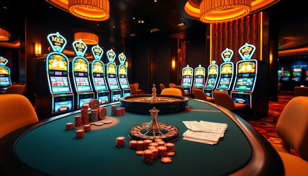 Experience thrilling MK8 gaming action with vibrant casino elements including poker chips, roulette wheel, and betting slips.