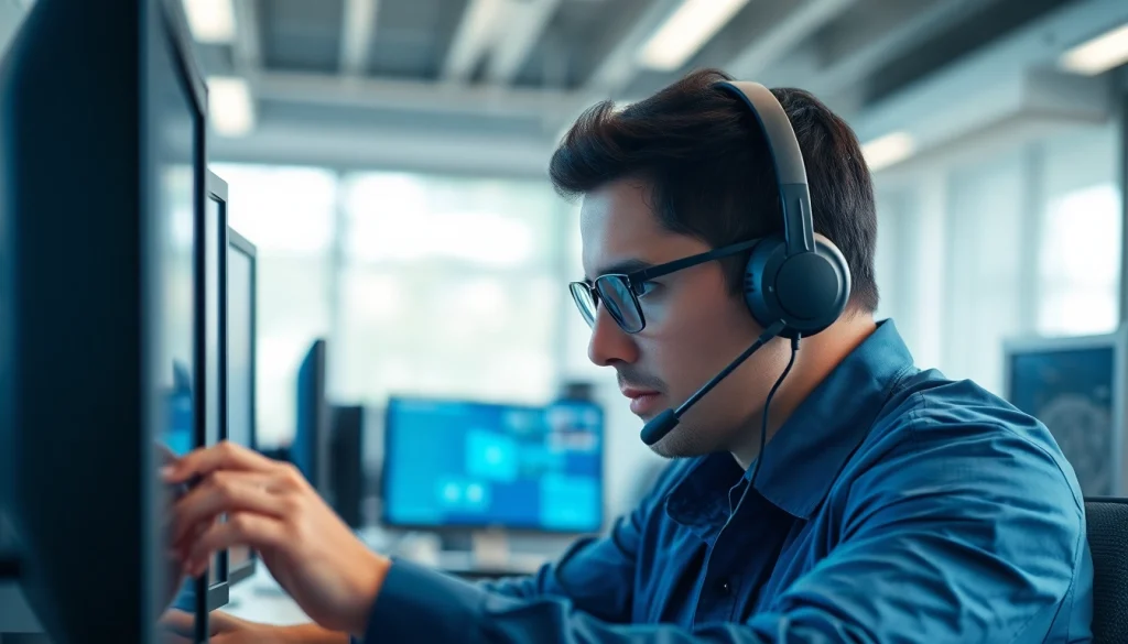 IT support service expert diagnosing technical issues in a modern office.