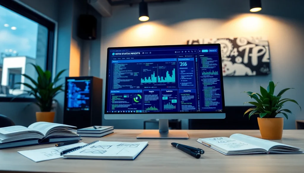 Web scrapping digital interface in a modern workspace highlighting data insights and programming books.