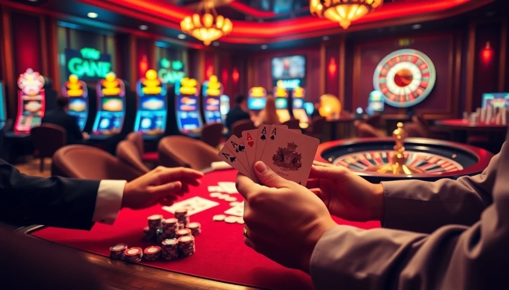 I9BET players enjoying an exciting game at a luxurious poker table in a casino.